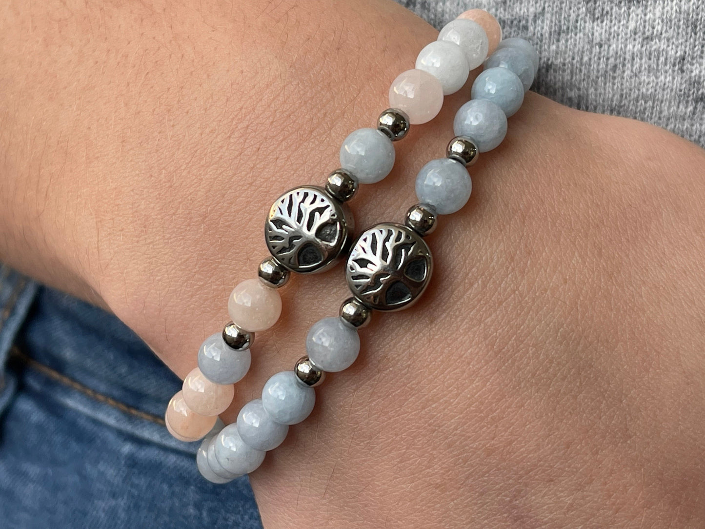 Armband Aquamarin Lebensbaum Edelstahl Silber oder Gold - Perlenarmband für Selbstbewusstsein Glück Liebe - Spiritueller Schmuck unisex
