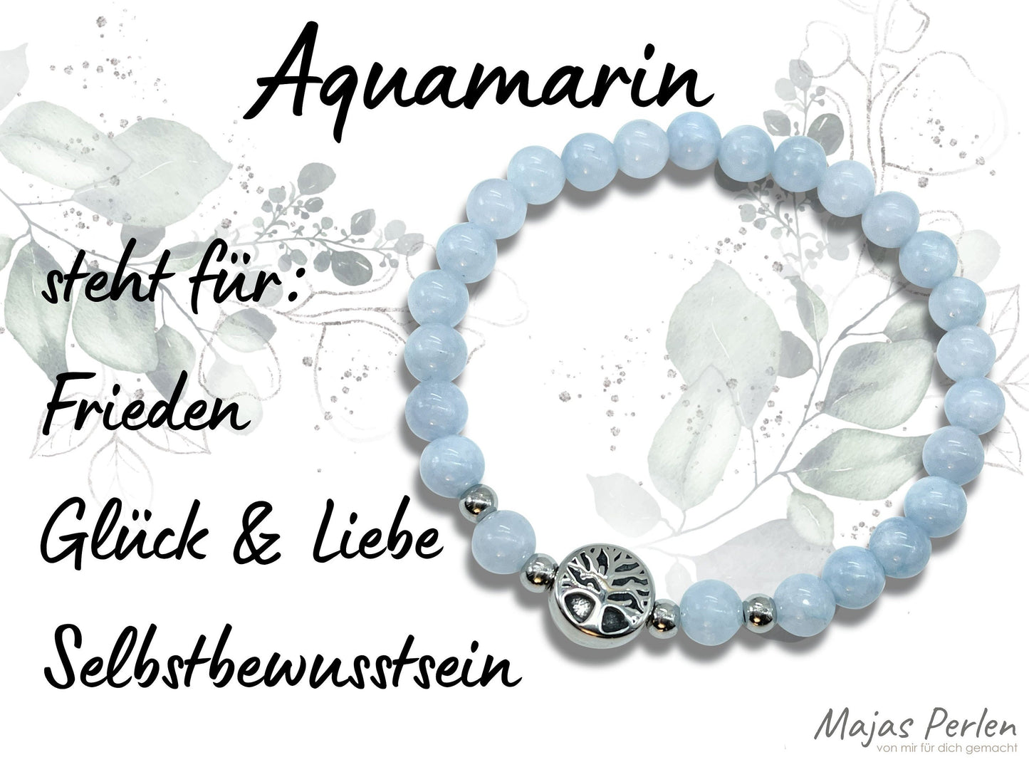 Armband Aquamarin Lebensbaum Edelstahl Silber oder Gold - Perlenarmband für Selbstbewusstsein Glück Liebe - Spiritueller Schmuck unisex
