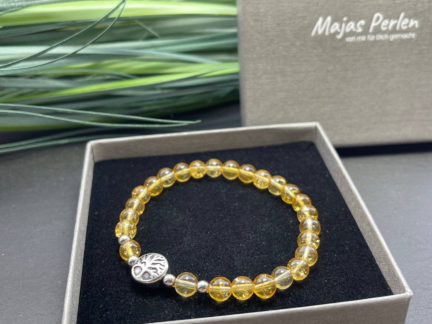 Armband Citrin Lebensbaum Edelstahl Silber oder Gold - Perlenarmband für Vitalität Lebensmut Selbstbewusstsein - Spiritueller Schmuck