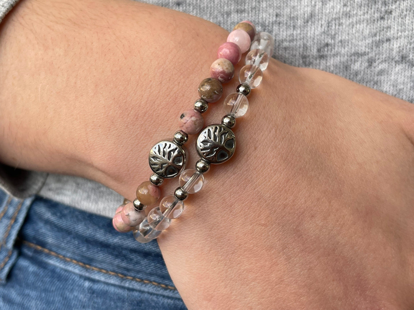 Armband Rhodonit Lebensbaum Edelstahl Silber oder Gold - Perlenarmband für Verzeihen Optimismus Begeisterung - Spiritueller Schmuck unisex