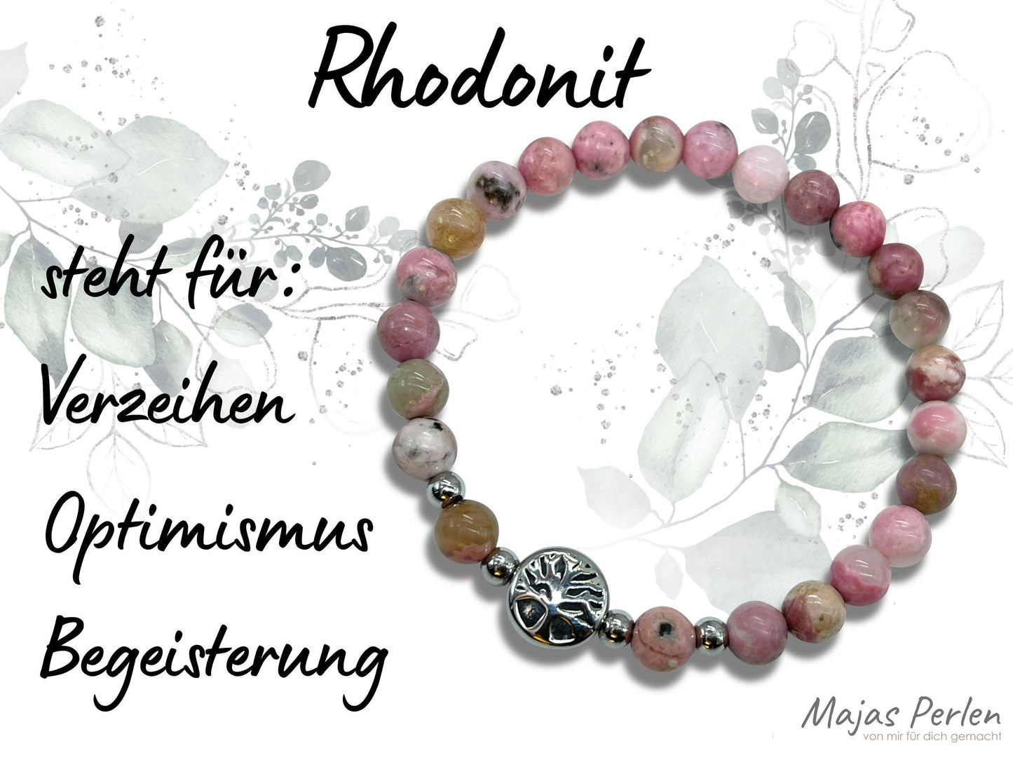 Armband Rhodonit Lebensbaum Edelstahl Silber oder Gold - Perlenarmband für Verzeihen Optimismus Begeisterung - Spiritueller Schmuck unisex