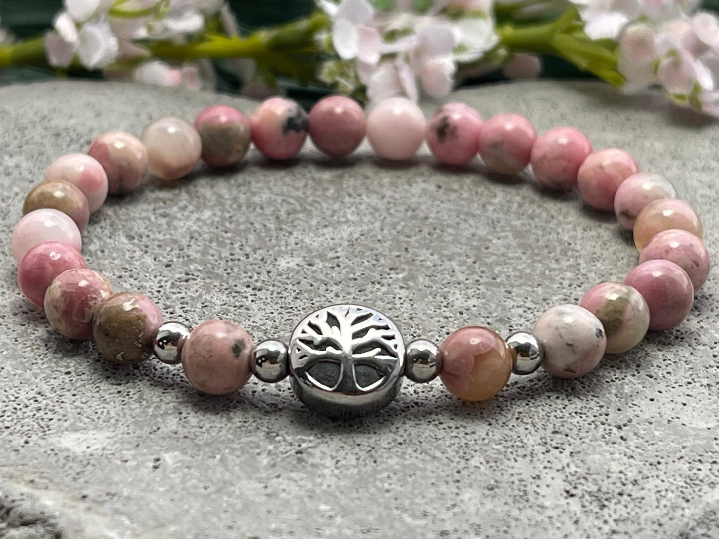Armband Rhodonit Lebensbaum Edelstahl Silber oder Gold - Perlenarmband für Verzeihen Optimismus Begeisterung - Spiritueller Schmuck unisex
