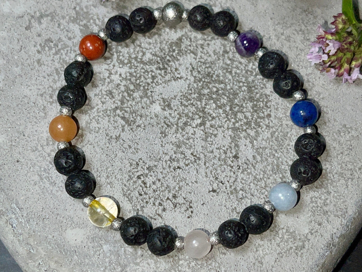 Armband Chakra Diffusor - Amethyst Dumortierit Aquamarin Rosenquarz Citrin Aventurin Jaspis Lava 6mm Edelstahl silber - Spiritueller Schmuck
