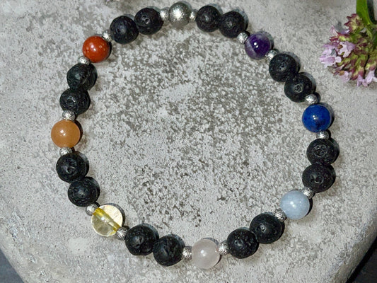 Armband Chakra Diffusor - Amethyst Dumortierit Aquamarin Rosenquarz Citrin Aventurin Jaspis Lava 6mm Edelstahl silber - Spiritueller Schmuck