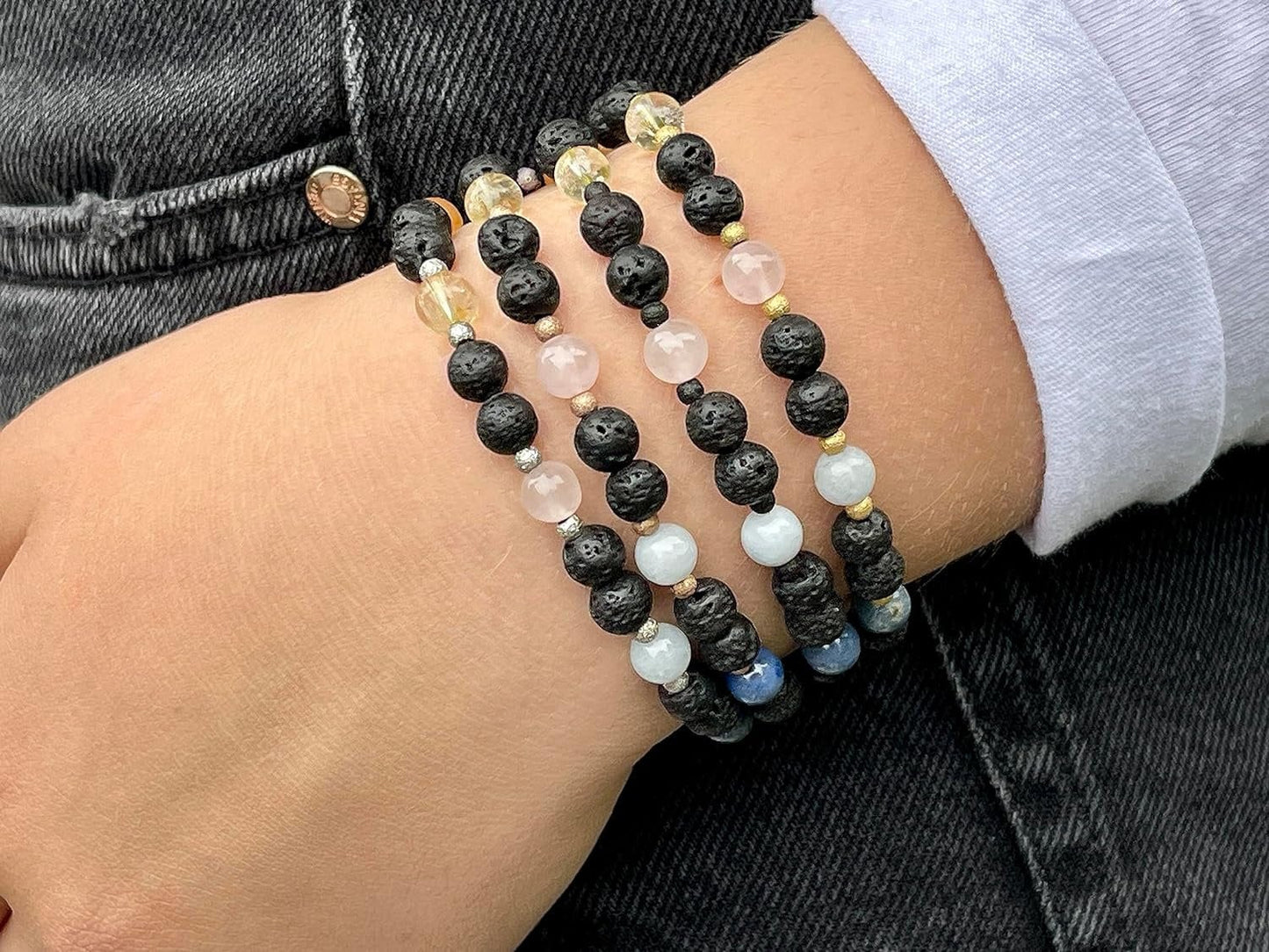 Armband Chakra Diffusor - Amethyst Dumortierit Aquamarin Rosenquarz Citrin Aventurin Jaspis Lava 6mm Edelstahl Roségold Spiritueller Schmuck