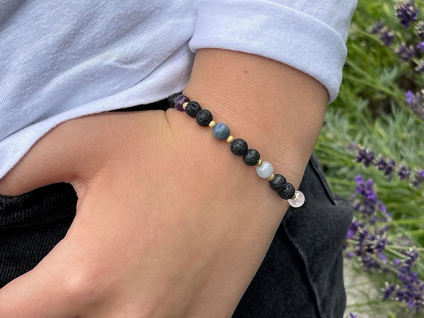 Armband Chakra Diffusor - Amethyst Dumortierit Aquamarin Rosenquarz Citrin Aventurin Jaspis Lava 6mm Edelstahl Gold - Spiritueller Schmuck