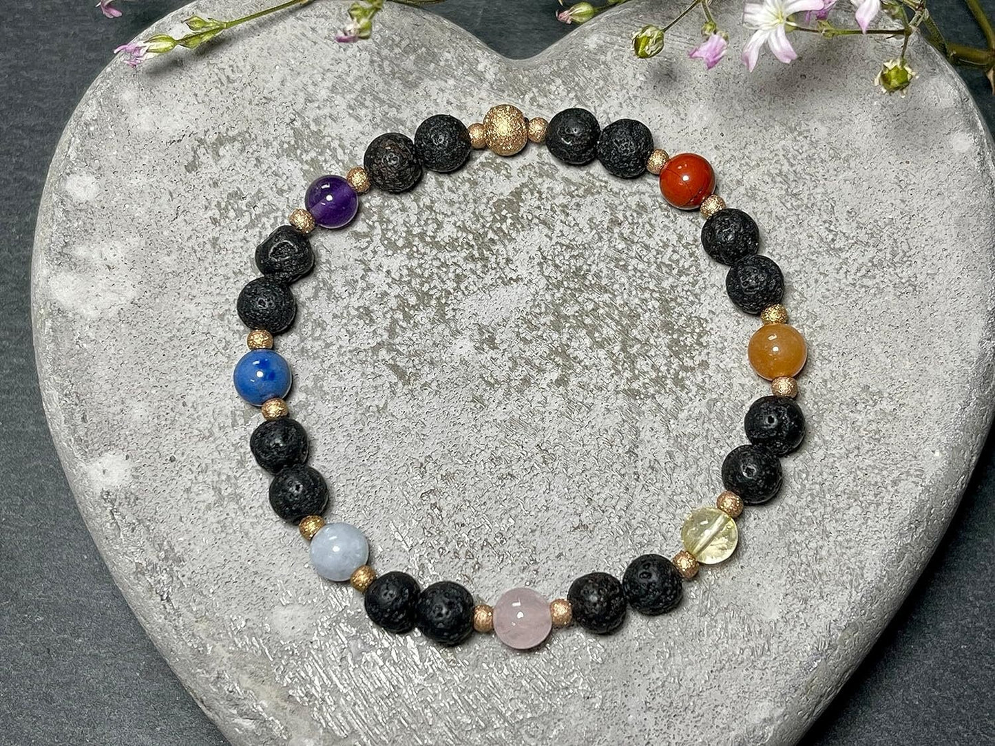 Armband Chakra Diffusor - Amethyst Dumortierit Aquamarin Rosenquarz Citrin Aventurin Jaspis Lava 6mm Edelstahl Roségold Spiritueller Schmuck