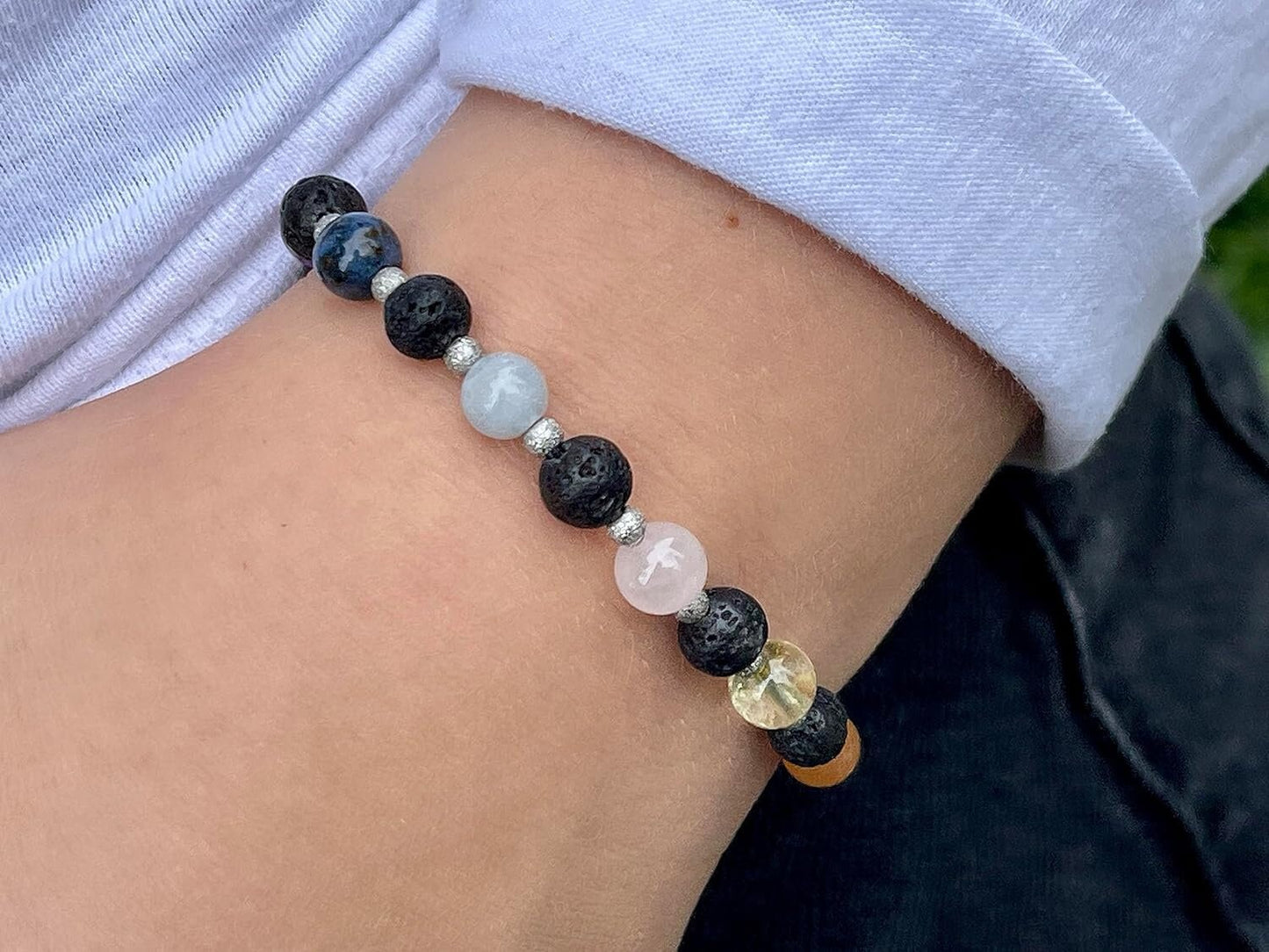 Armband Chakra Diffusor - Amethyst Dumortierit Aquamarin Rosenquarz Citrin Aventurin Jaspis Lava 6mm Edelstahl Silber - Spiritueller Schmuck