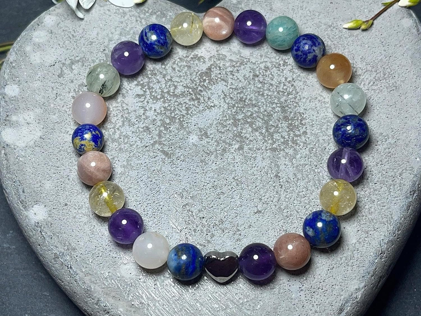 Chakra Armband echt Citrin Amethyst Prenith Sonnenstein Botswana Achat Amazonit Lapislazuli Perlen 8mm und Herzperle Edelstahl Silber Gold