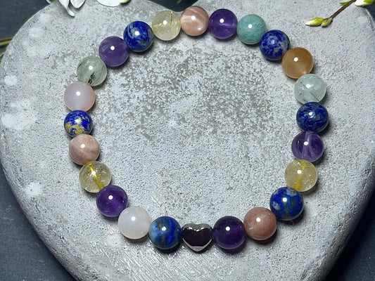 Chakra Armband echt Citrin Amethyst Prenith Sonnenstein Botswana Achat Amazonit Lapislazuli Perlen 8mm und Herzperle Edelstahl Silber Gold