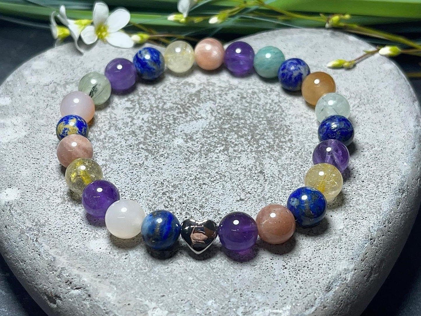 Chakra Armband echt Citrin Amethyst Prenith Sonnenstein Botswana Achat Amazonit Lapislazuli Perlen 8mm und Herzperle Edelstahl Silber Gold