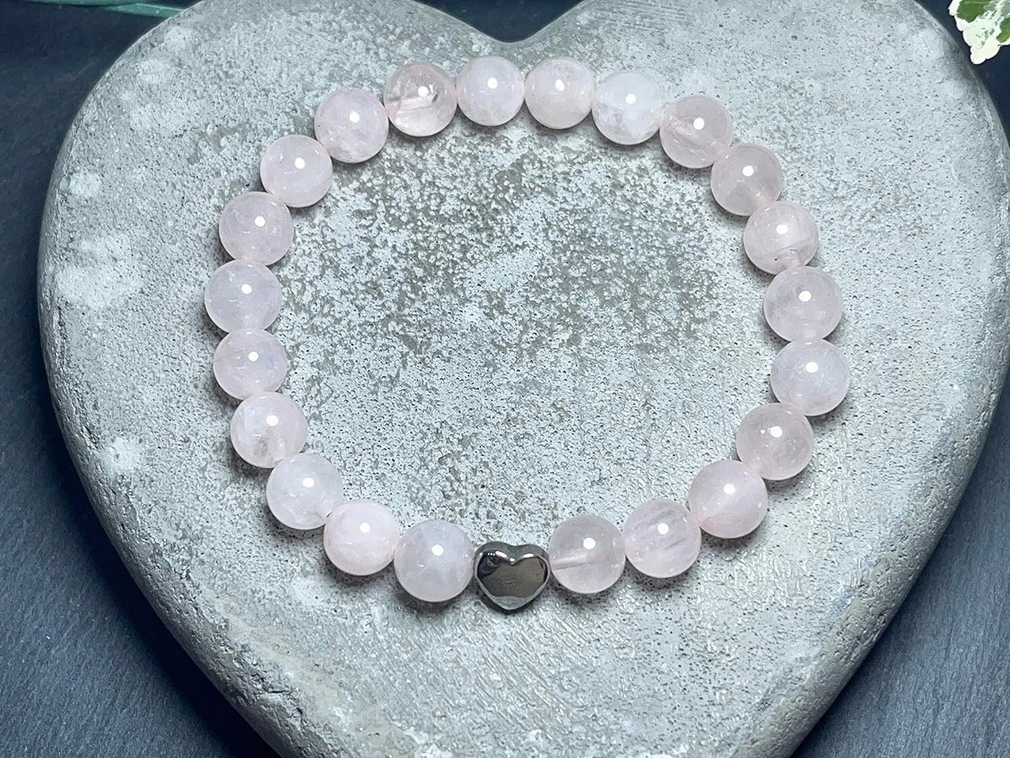 Rosenquarz Armband echt mit Perlen 8mm und Herzperle Edelstahl Silber Gold Roségold - Perlenarmband Liebe Romantik Freundschaft
