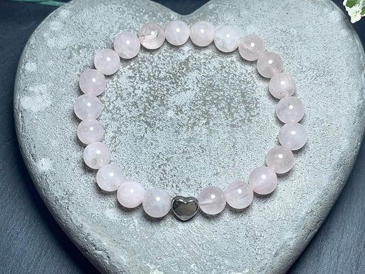 Rosenquarz Armband echt mit Perlen 8mm und Herzperle Edelstahl Silber Gold Roségold - Perlenarmband Liebe Romantik Freundschaft