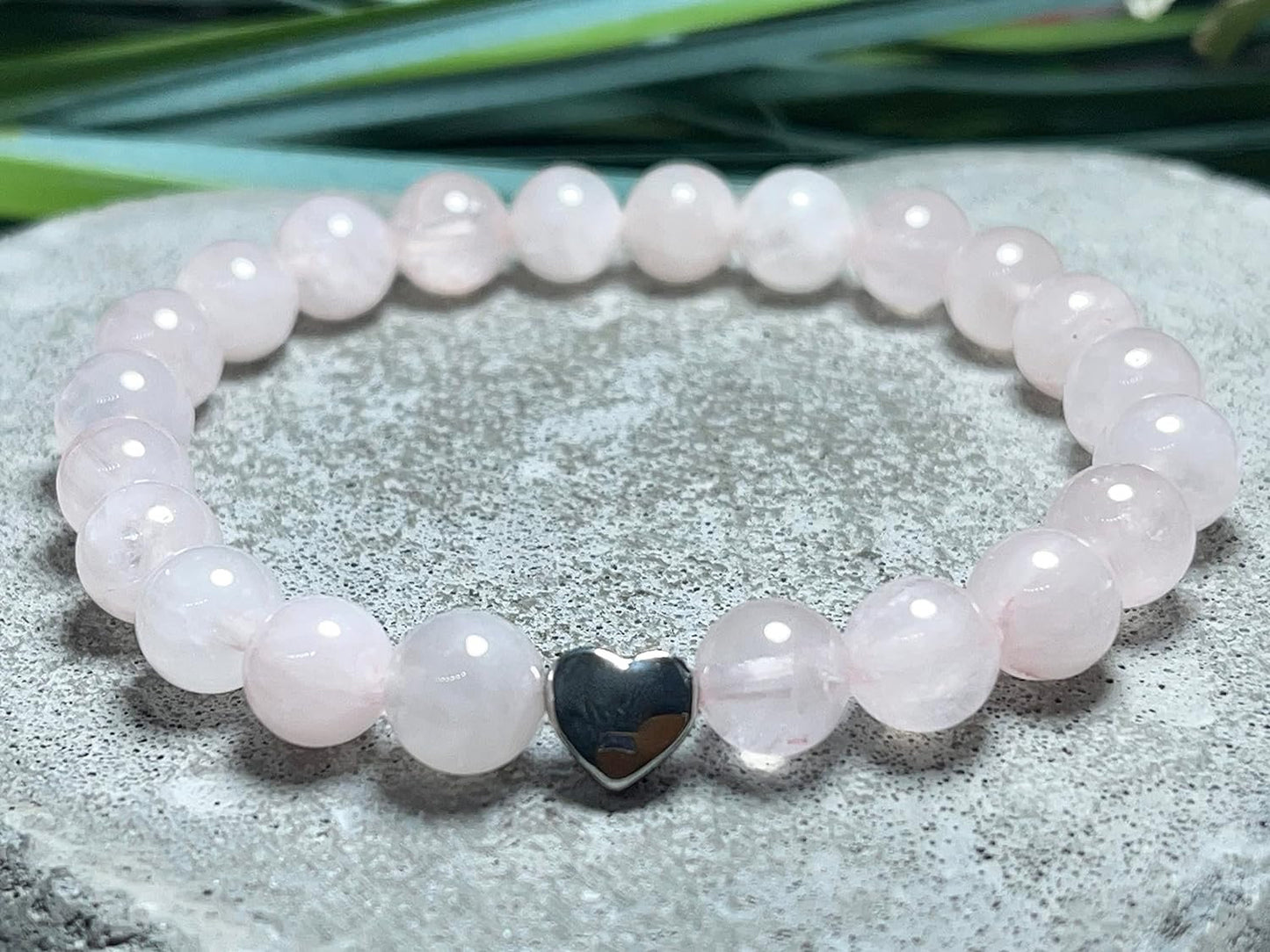 Rosenquarz Armband echt mit Perlen 8mm und Herzperle Edelstahl Silber Gold Roségold - Perlenarmband Liebe Romantik Freundschaft
