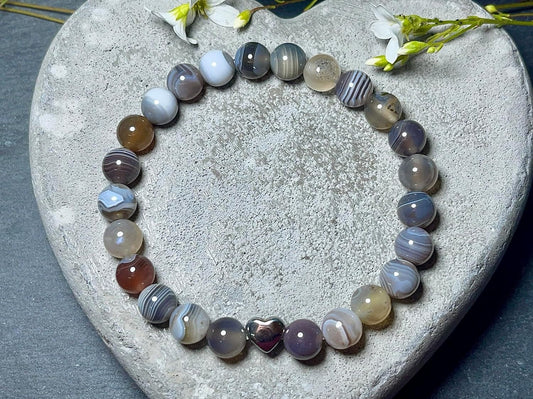 Botswana Achat Armband echt mit Perlen 8mm und Herzperle Edelstahl Silber Gold Roségold - Perlenarmband Optimismus Zuversicht Willenskraft