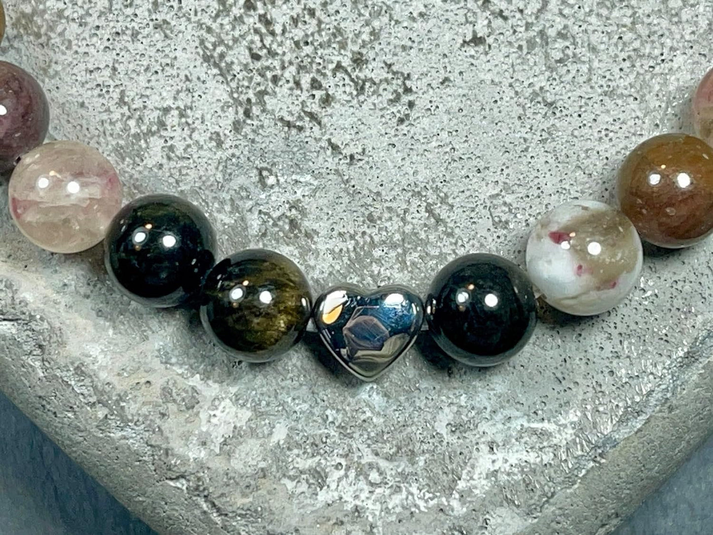 Wassermelonen Turmalin Armband echt mit Perlen 8mm und Herzperle Edelstahl Silber Gold Roségold - Perlenarmband Liebe Freude - spirituell