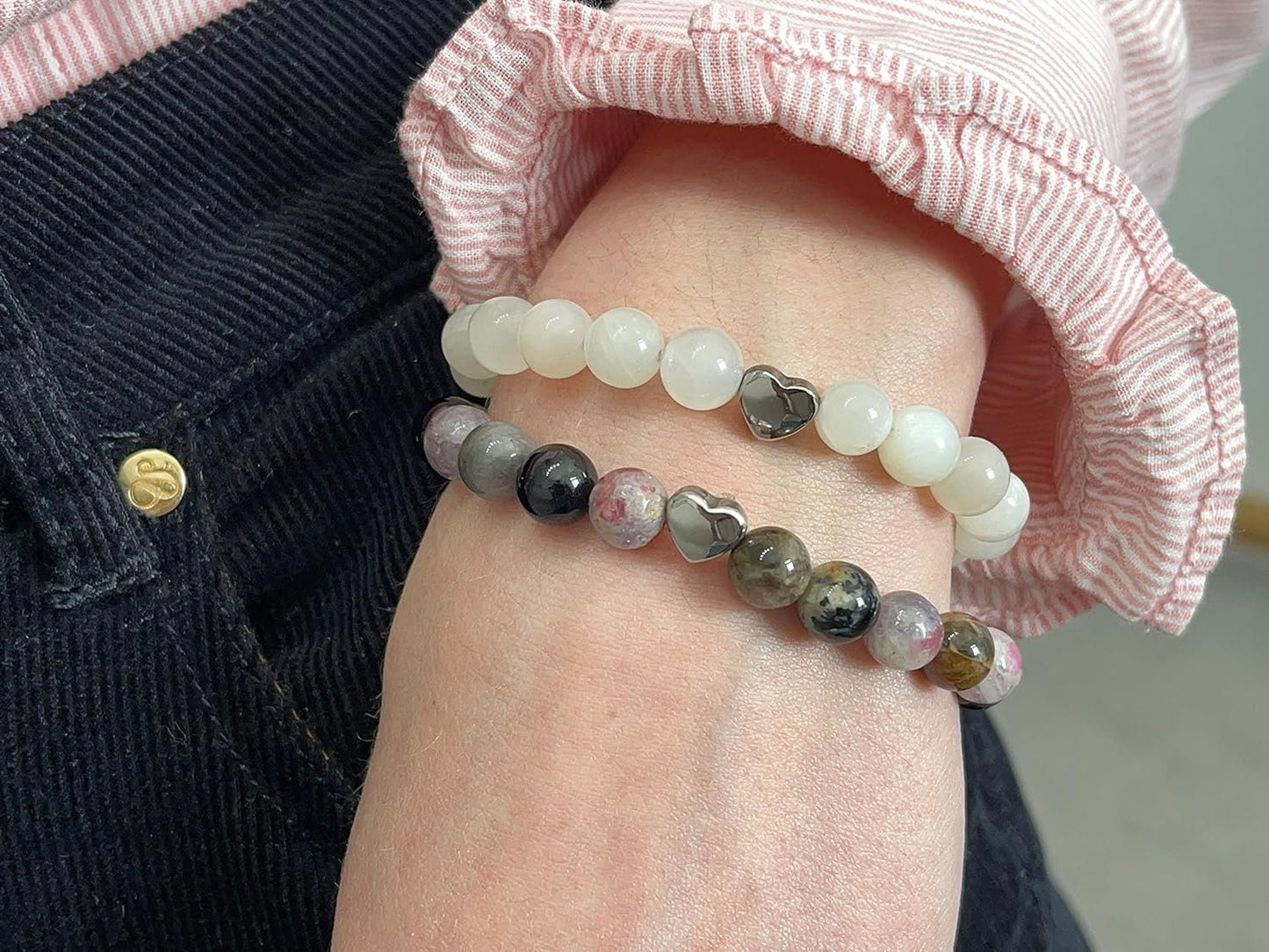 Wassermelonen Turmalin Armband echt mit Perlen 8mm und Herzperle Edelstahl Silber Gold Roségold - Perlenarmband Liebe Freude - spirituell