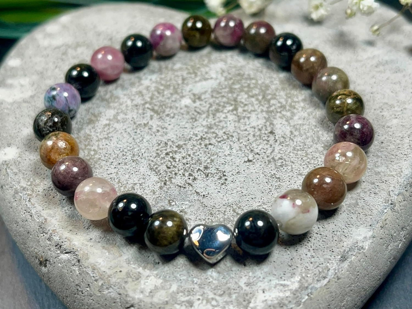 Wassermelonen Turmalin Armband echt mit Perlen 8mm und Herzperle Edelstahl Silber Gold Roségold - Perlenarmband Liebe Freude - spirituell