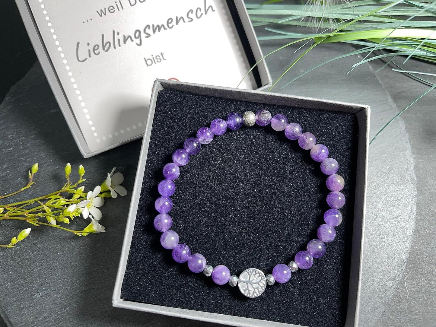 Amethyst Armband Perlen echt 6mm Lebensbaum Hämatit Silber - Handmade Perlenarmband wahre Liebe Inspiration Energie - Spiritueller Schmuck