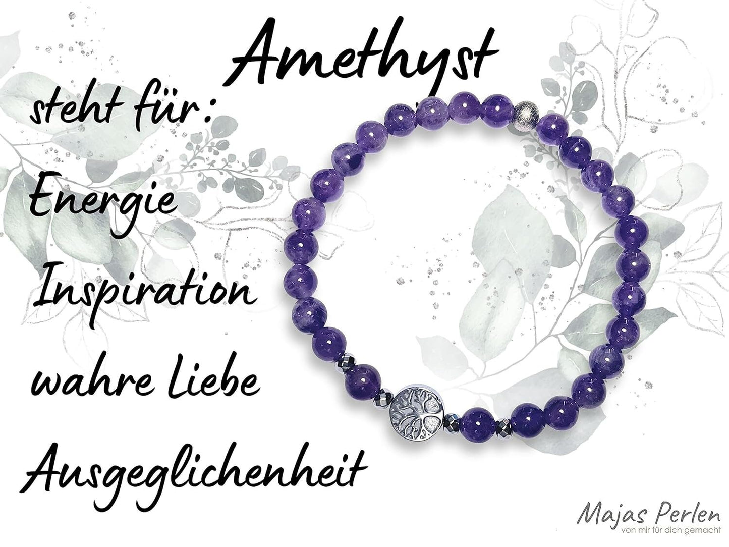 Amethyst Armband Perlen echt 6mm Lebensbaum Hämatit Silber - Handmade Perlenarmband wahre Liebe Inspiration Energie - Spiritueller Schmuck