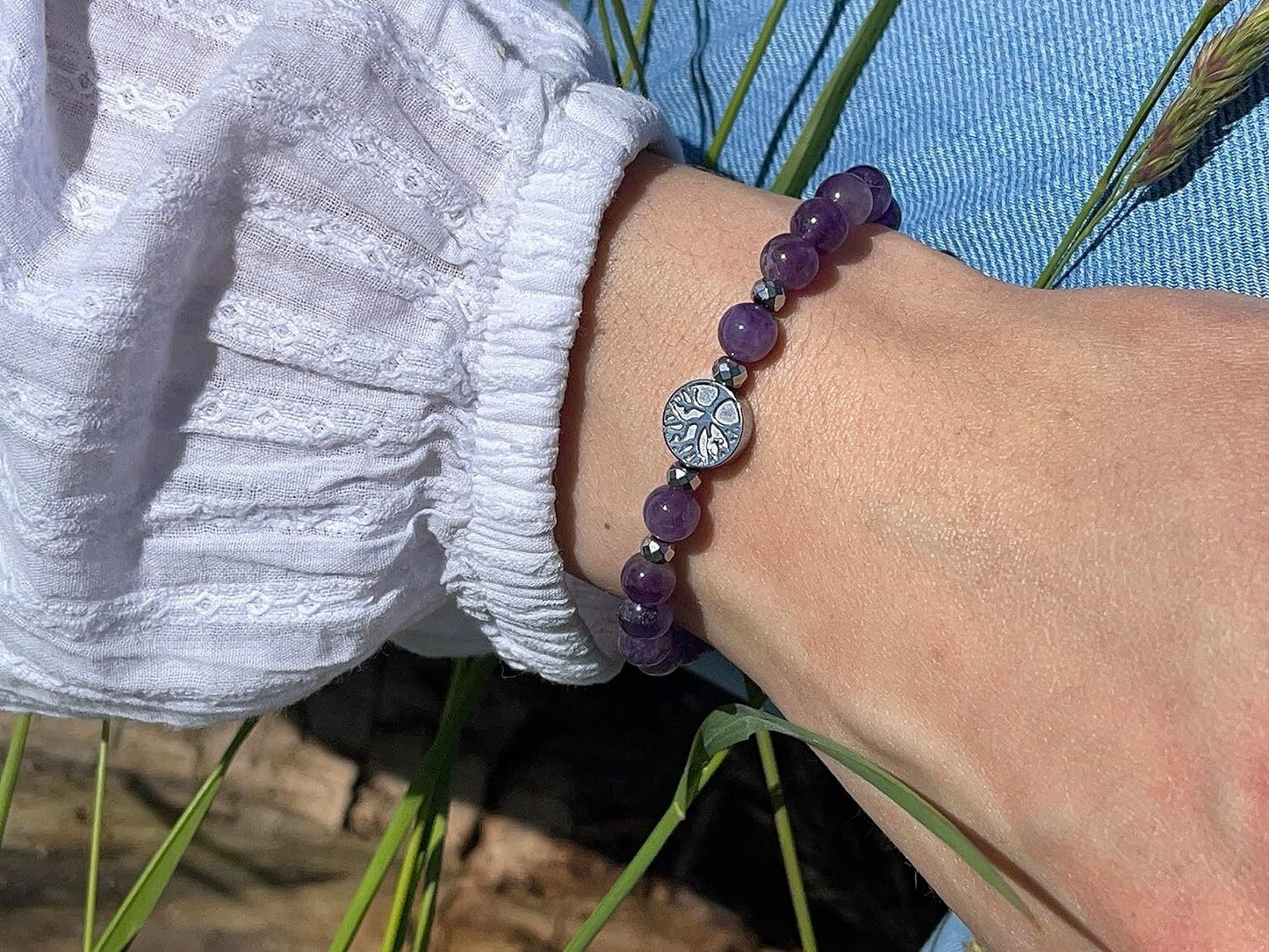 Amethyst Armband Perlen echt 6mm Lebensbaum Hämatit Silber - Handmade Perlenarmband wahre Liebe Inspiration Energie - Spiritueller Schmuck