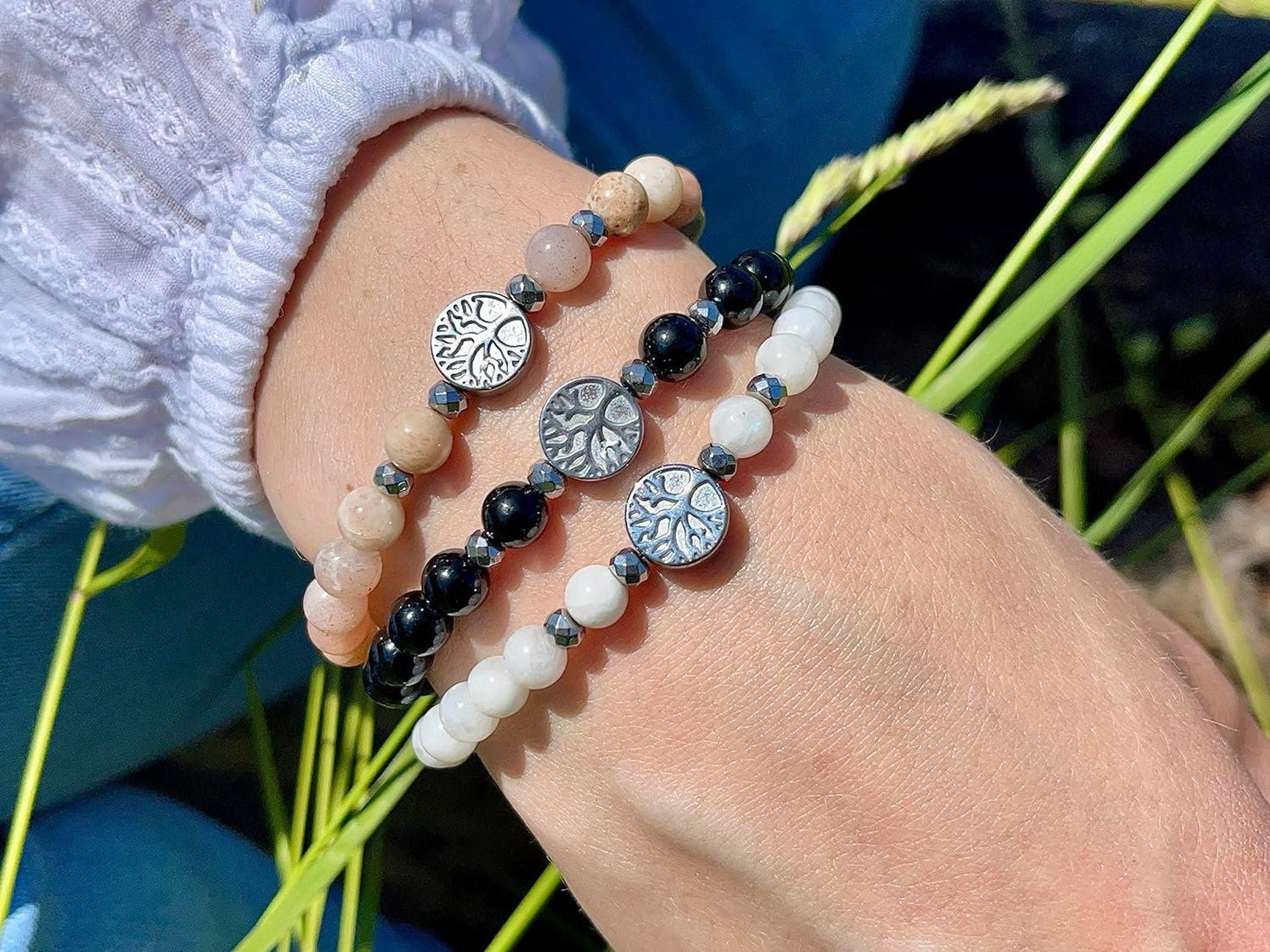 Mondstein Sonnenstein Mondstein Mix Armband Perlen echt 6mm Lebensbaum Hämatit Silber - Handmade Perlenarmband Weiblichkeit Herzenswärme