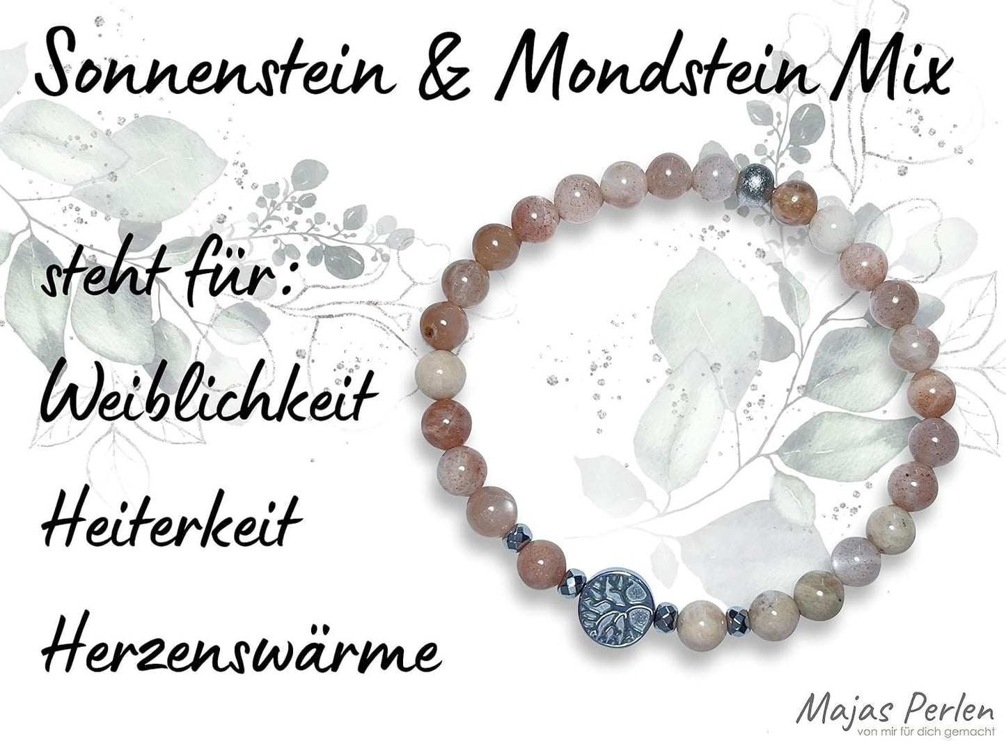 Mondstein Sonnenstein Mondstein Mix Armband Perlen echt 6mm Lebensbaum Hämatit Silber - Handmade Perlenarmband Weiblichkeit Herzenswärme