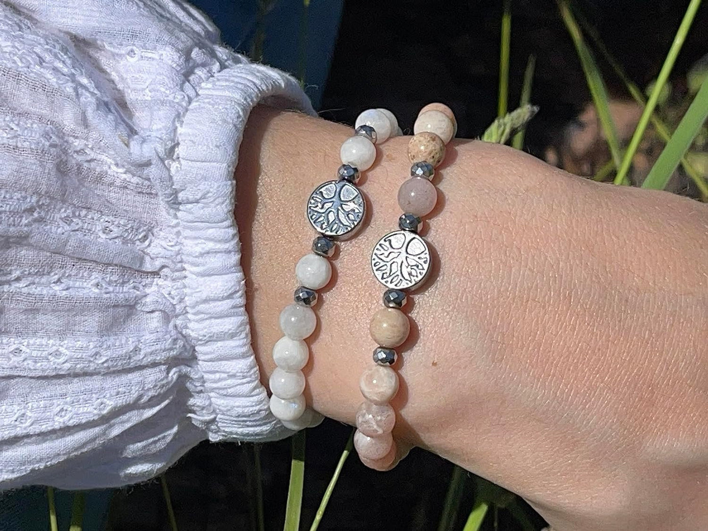 Mondstein Sonnenstein Mondstein Mix Armband Perlen echt 6mm Lebensbaum Hämatit Silber - Handmade Perlenarmband Weiblichkeit Herzenswärme