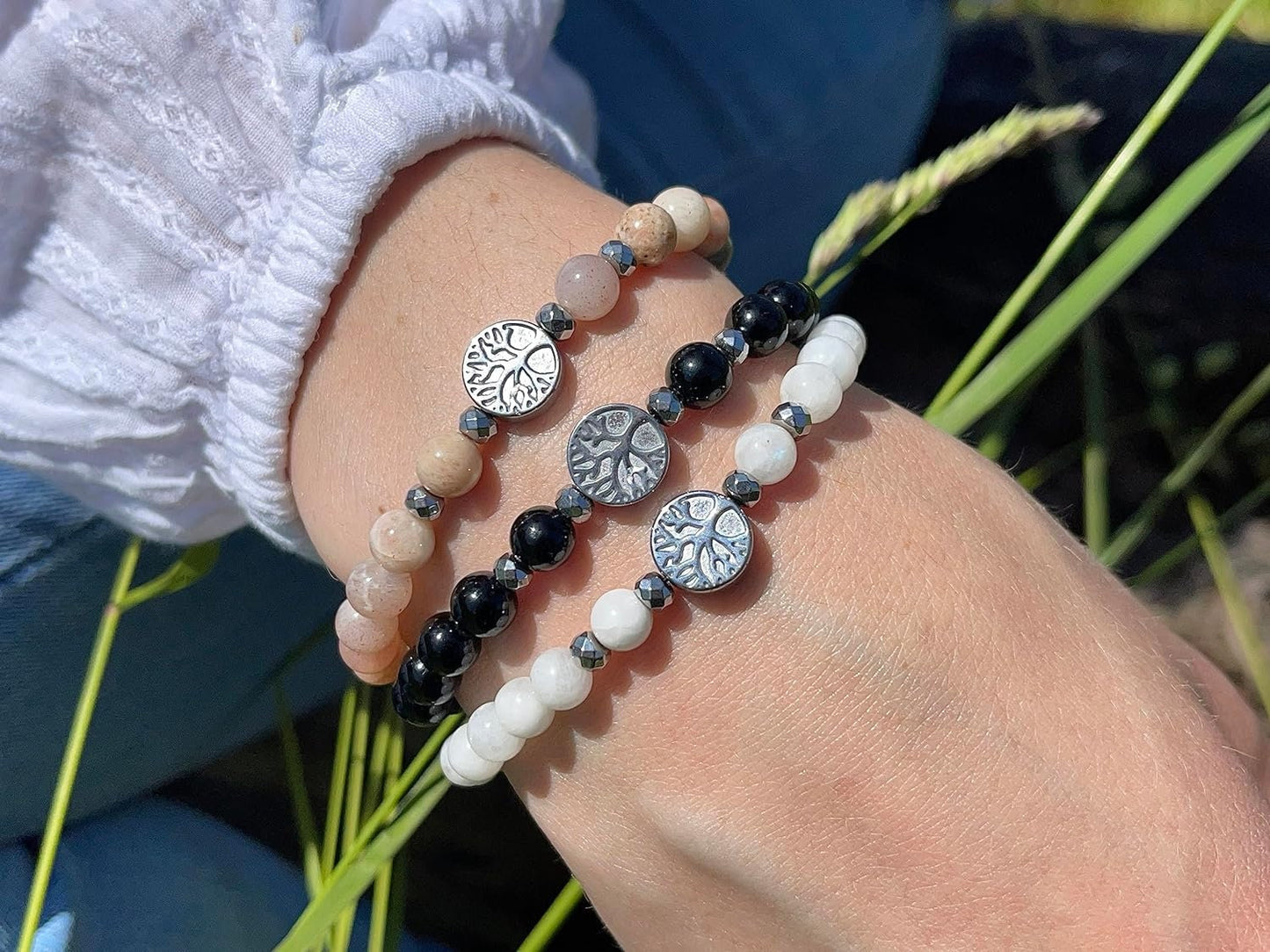 Mondstein Sonnenstein Mondstein Mix Armband Perlen echt 6mm Lebensbaum Hämatit Silber - Handmade Perlenarmband Weiblichkeit Herzenswärme