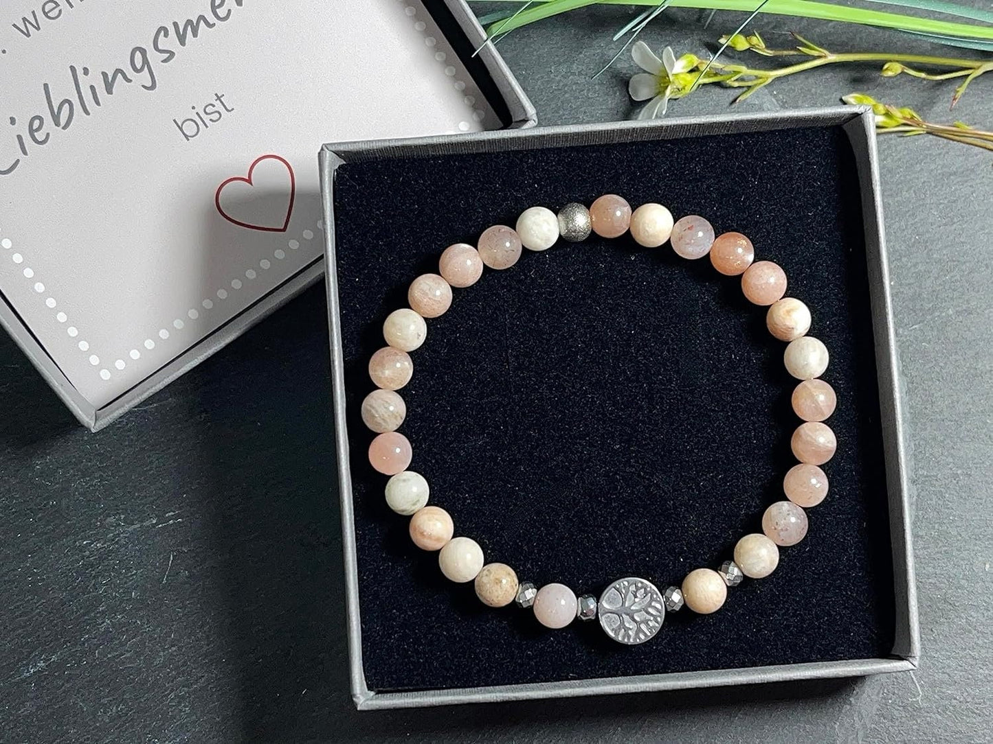 Mondstein Sonnenstein Mondstein Mix Armband Perlen echt 6mm Lebensbaum Hämatit Silber - Handmade Perlenarmband Weiblichkeit Herzenswärme