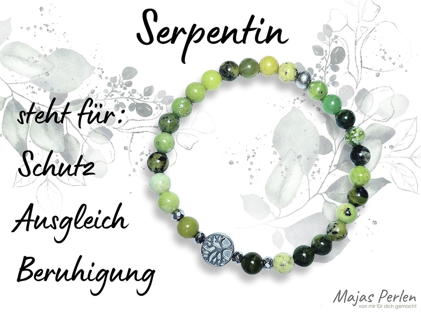 Serpentin Armband Perlen echt 6mm Lebensbaum Hämatit Silber - Handmade Perlenarmband Kreativität Vertrauen Freundschaft - unisex
