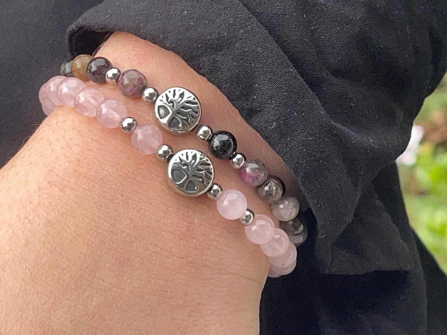 Wassermelonen Turmalin Armband mit Perlen echt 6mm Lebensbaum Edelstahl Silber oder Gold - Handmade Perlenarmband Liebe Freude Verständnis