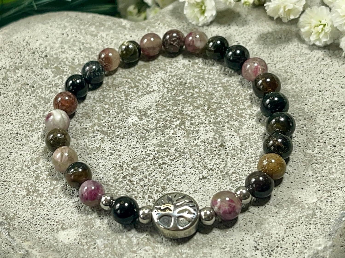 Wassermelonen Turmalin Armband mit Perlen echt 6mm Lebensbaum Edelstahl Silber oder Gold - Handmade Perlenarmband Liebe Freude Verständnis