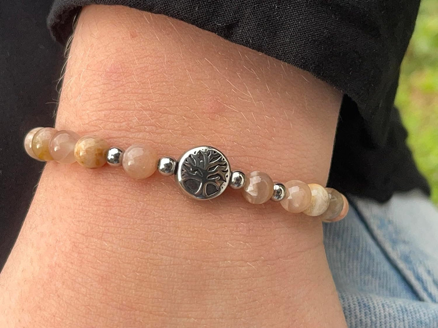 Armband Sonnenstein & Mondstein Mix Perlen 6mm Lebensbaum Edelstahl Silber oder Gold Handmade Perlenarmband Kraft Weiblichkeit Herzenswärme