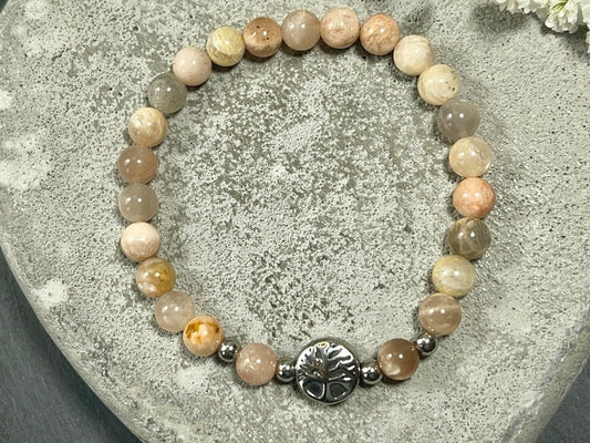 Armband Sonnenstein & Mondstein Mix Perlen 6mm Lebensbaum Edelstahl Silber oder Gold Handmade Perlenarmband Kraft Weiblichkeit Herzenswärme