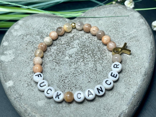 Perlenarmband Armband Fuck Cancer Sonnenstein & Mondstein Mix Krebsschleife Edelstahl Gold - verschiedene Natursteine - Glücksbringer Krebs