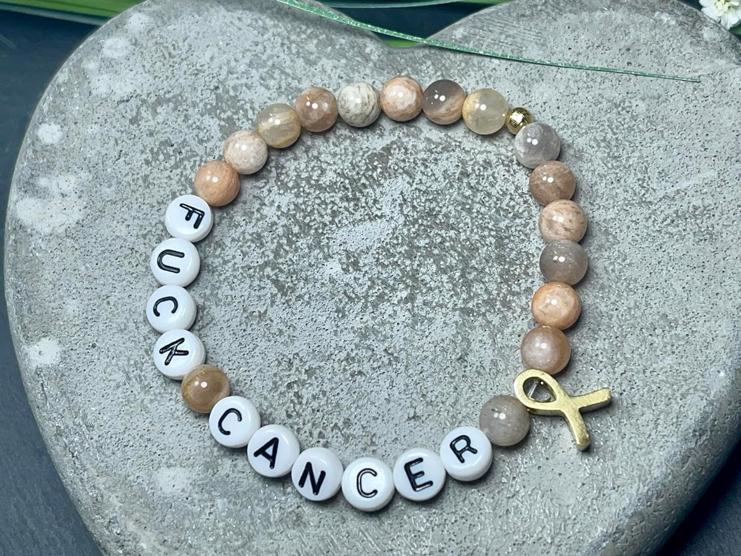 Perlenarmband Armband Fuck Cancer Sonnenstein & Mondstein Mix Krebsschleife Edelstahl Gold - verschiedene Natursteine - Glücksbringer Krebs