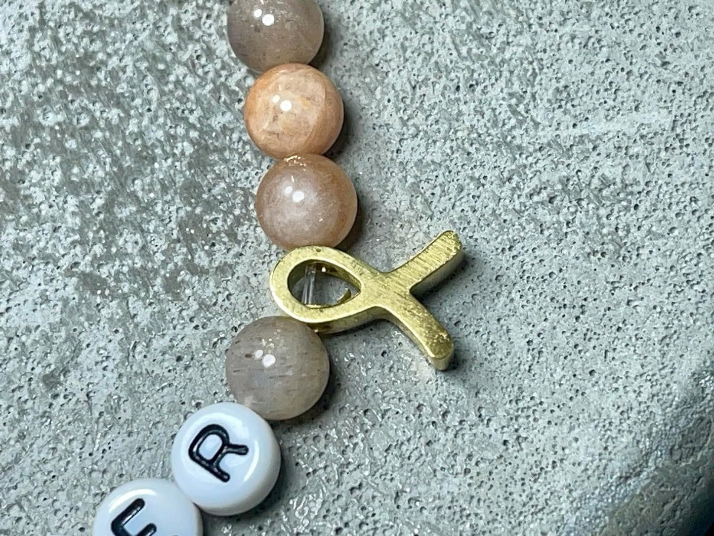 Perlenarmband Armband Fuck Cancer Sonnenstein & Mondstein Mix Krebsschleife Edelstahl Gold - verschiedene Natursteine - Glücksbringer Krebs