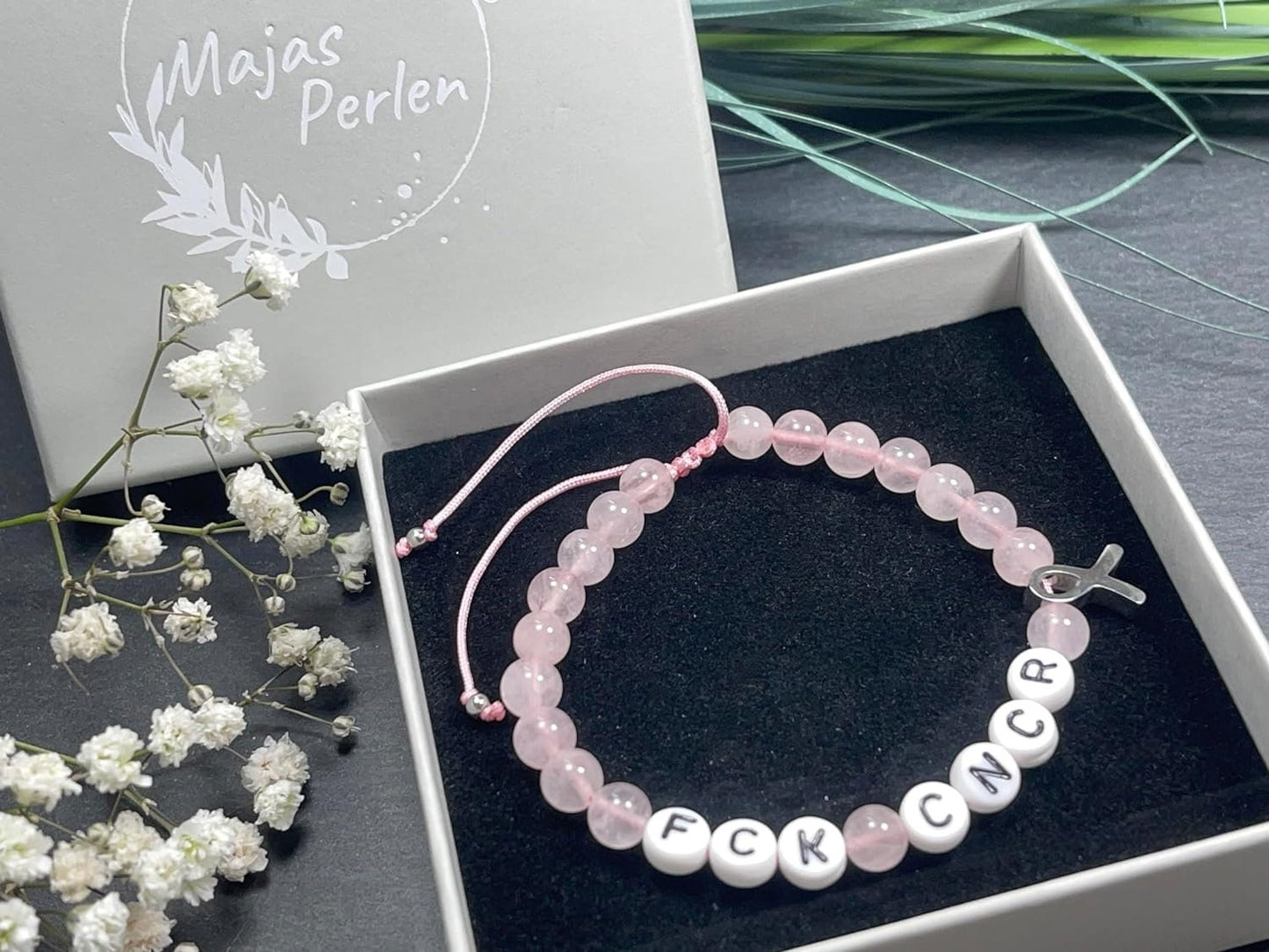 Armband Rosenquarz Fuck Cancer Makramee verstellbar Krebsschleife Brustkrebs - Geschenk Krebs Diagnose - verschiedene Natursteine