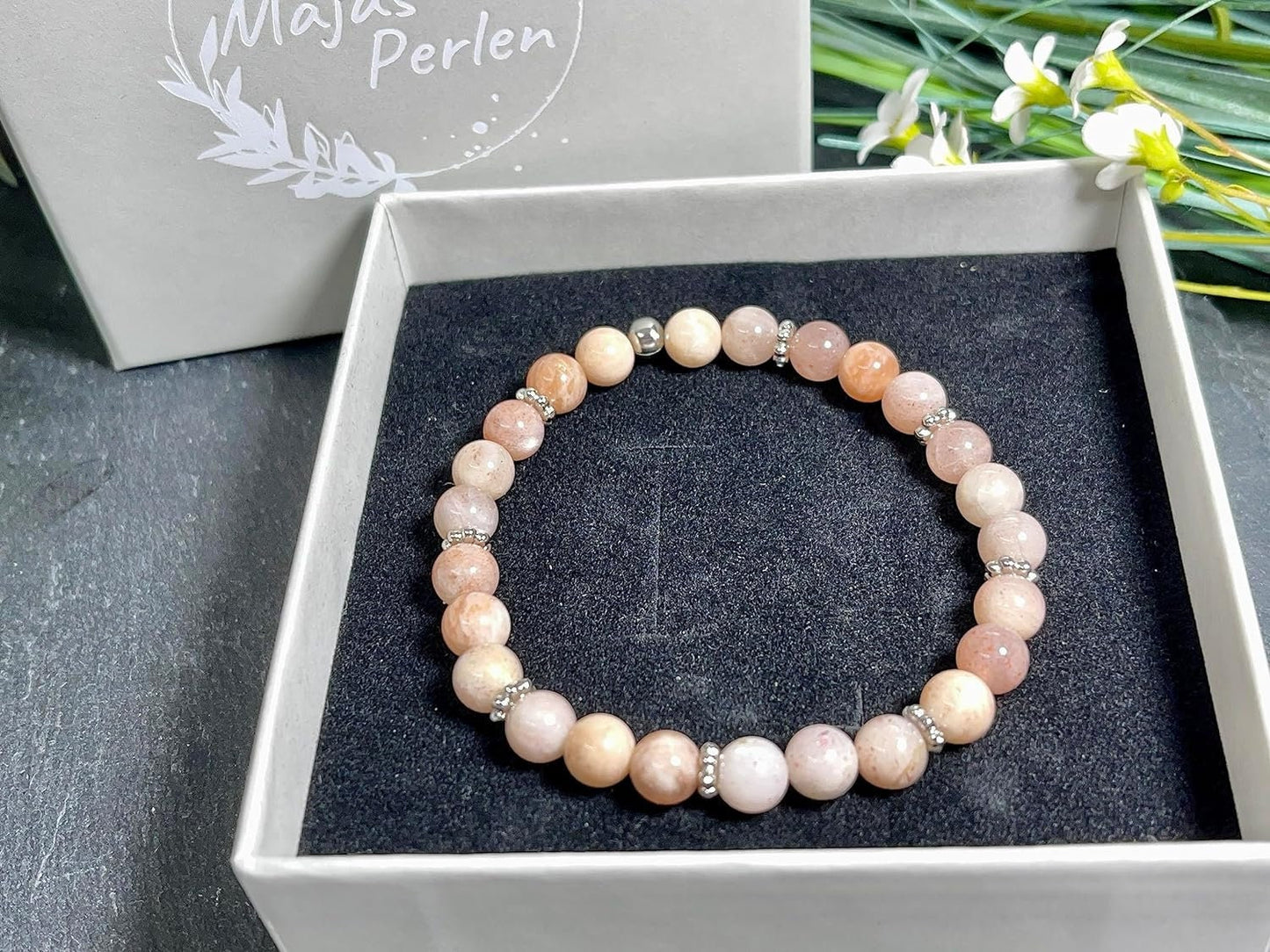 Mondstein Sonnenstein Mix Armband mit Perlen 6mm Daisyperlen echt Platiniert oder Vergoldet - Handmade Perlenarmband Herzenswärme Heiterkeit