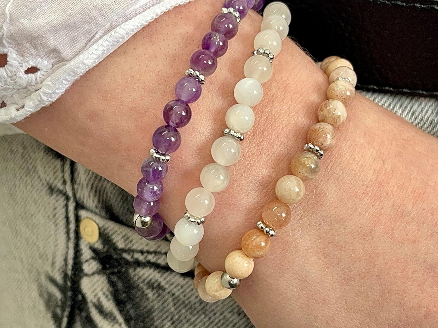 Mondstein Sonnenstein Mix Armband mit Perlen 6mm Daisyperlen echt Platiniert oder Vergoldet - Handmade Perlenarmband Herzenswärme Heiterkeit