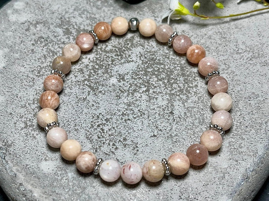 Mondstein Sonnenstein Mix Armband mit Perlen 6mm Daisyperlen echt Platiniert oder Vergoldet - Handmade Perlenarmband Herzenswärme Heiterkeit