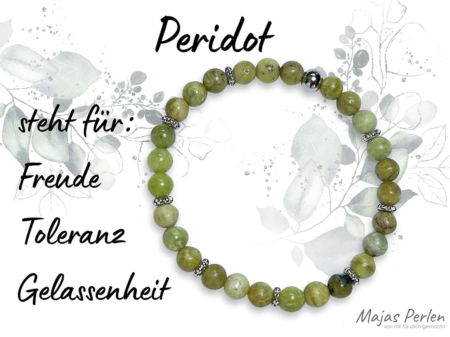 Peridot Armband mit Perlen echt 6mm Daisyperlen echt Platiniert oder Vergoldet - Handmade Perlenarmband für Freude Toleranz Gelassenheit
