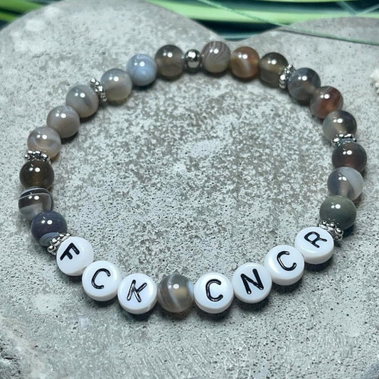 Armband Fuck Cancer Botswana Achat echte Naturperlen - Geschenk Aufmunterung Genesung Talisman Perlenarmband - Glücksbringer Krebs Diagnose