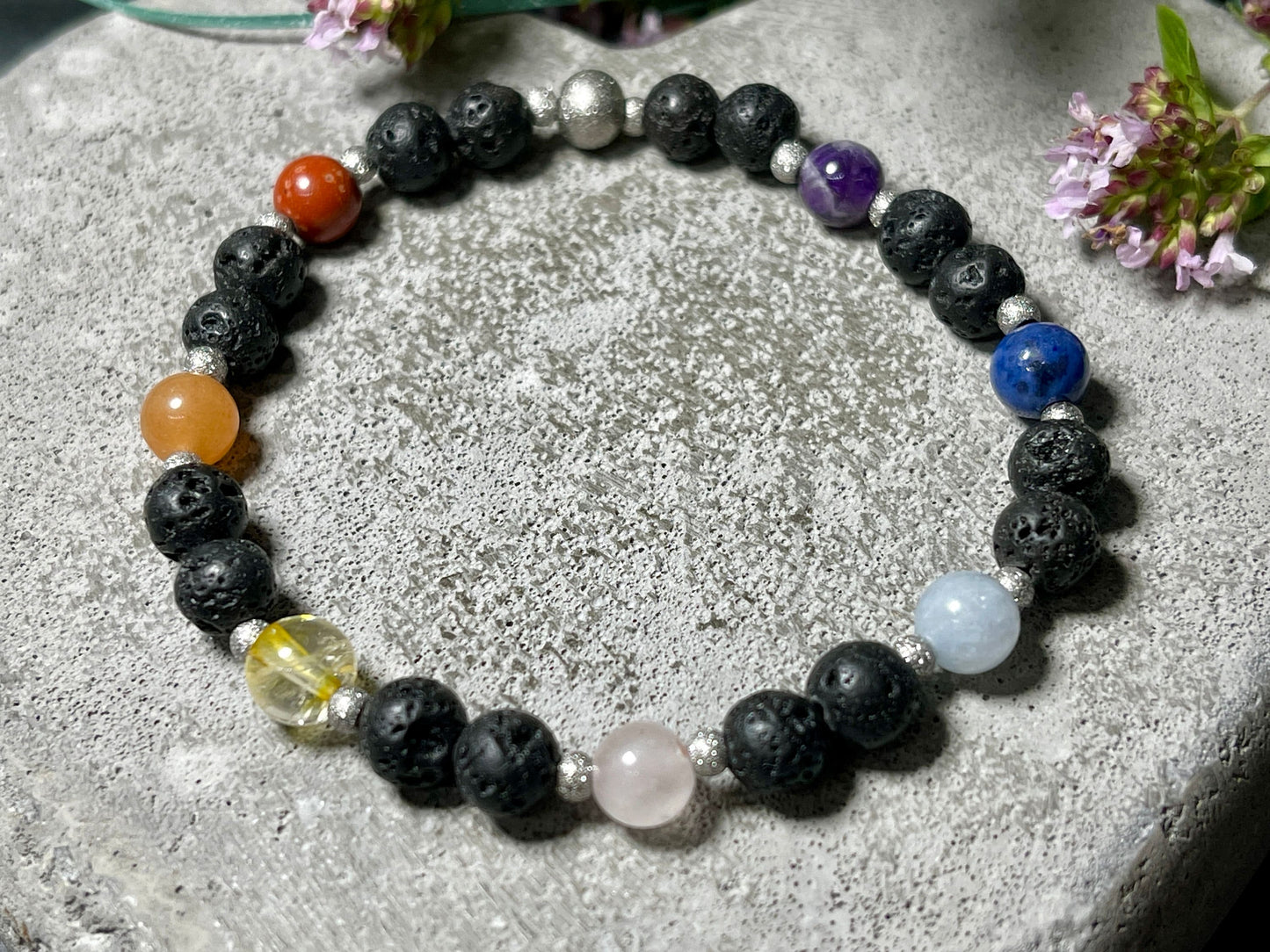 Armband Chakra Diffusor - Amethyst Dumortierit Aquamarin Rosenquarz Citrin Aventurin Jaspis Lava 6mm Edelstahl silber - Spiritueller Schmuck