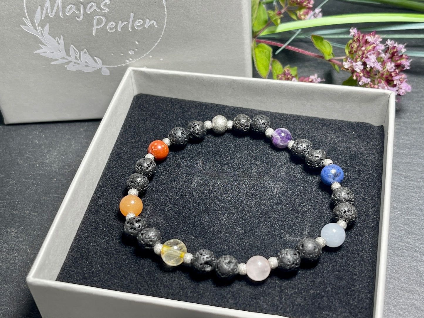 Armband Chakra Diffusor - Amethyst Dumortierit Aquamarin Rosenquarz Citrin Aventurin Jaspis Lava 6mm Edelstahl Gold - Spiritueller Schmuck