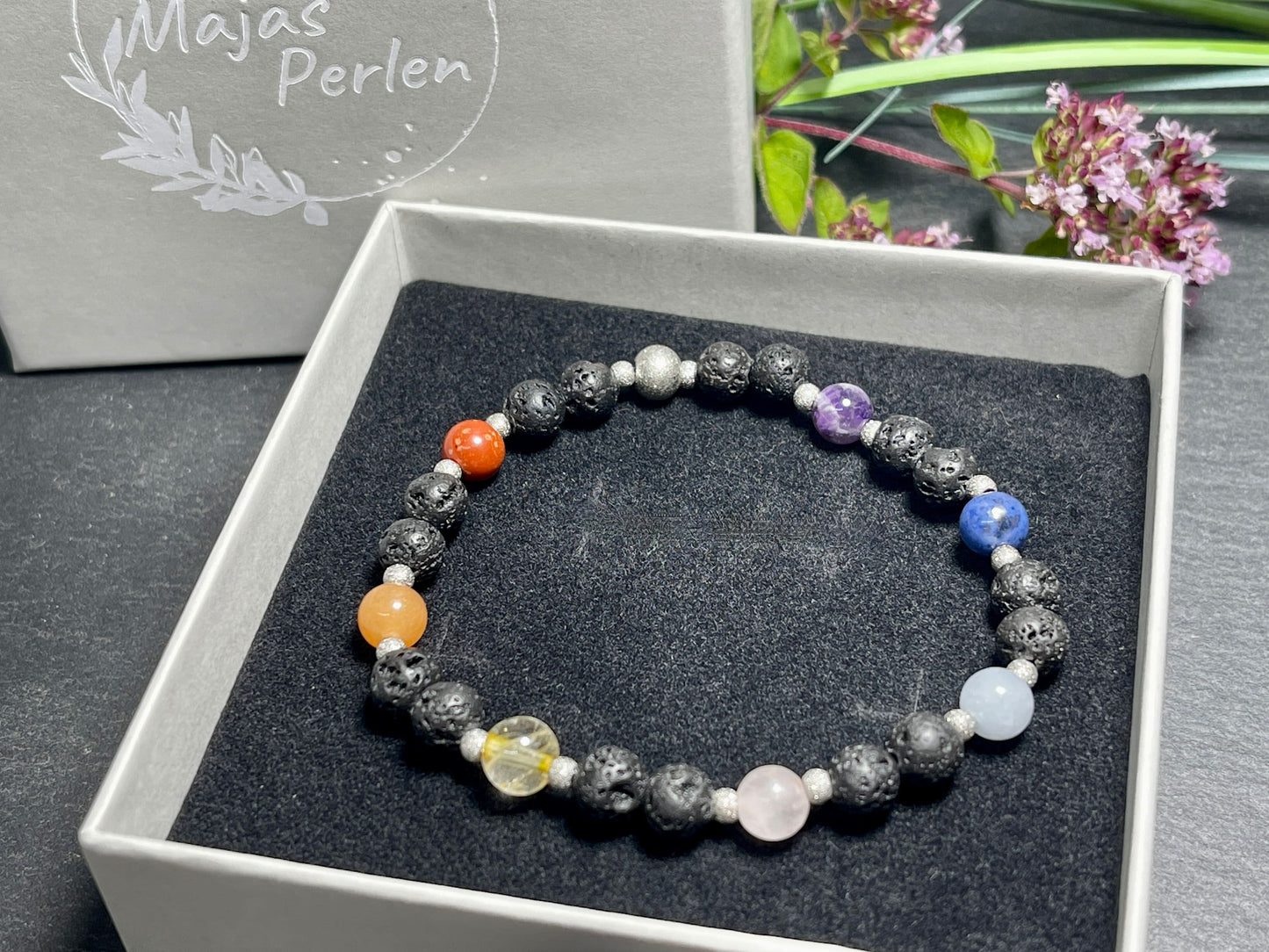 Armband Chakra Diffusor - Amethyst Dumortierit Aquamarin Rosenquarz Citrin Aventurin Jaspis Lava 6mm Edelstahl silber - Spiritueller Schmuck