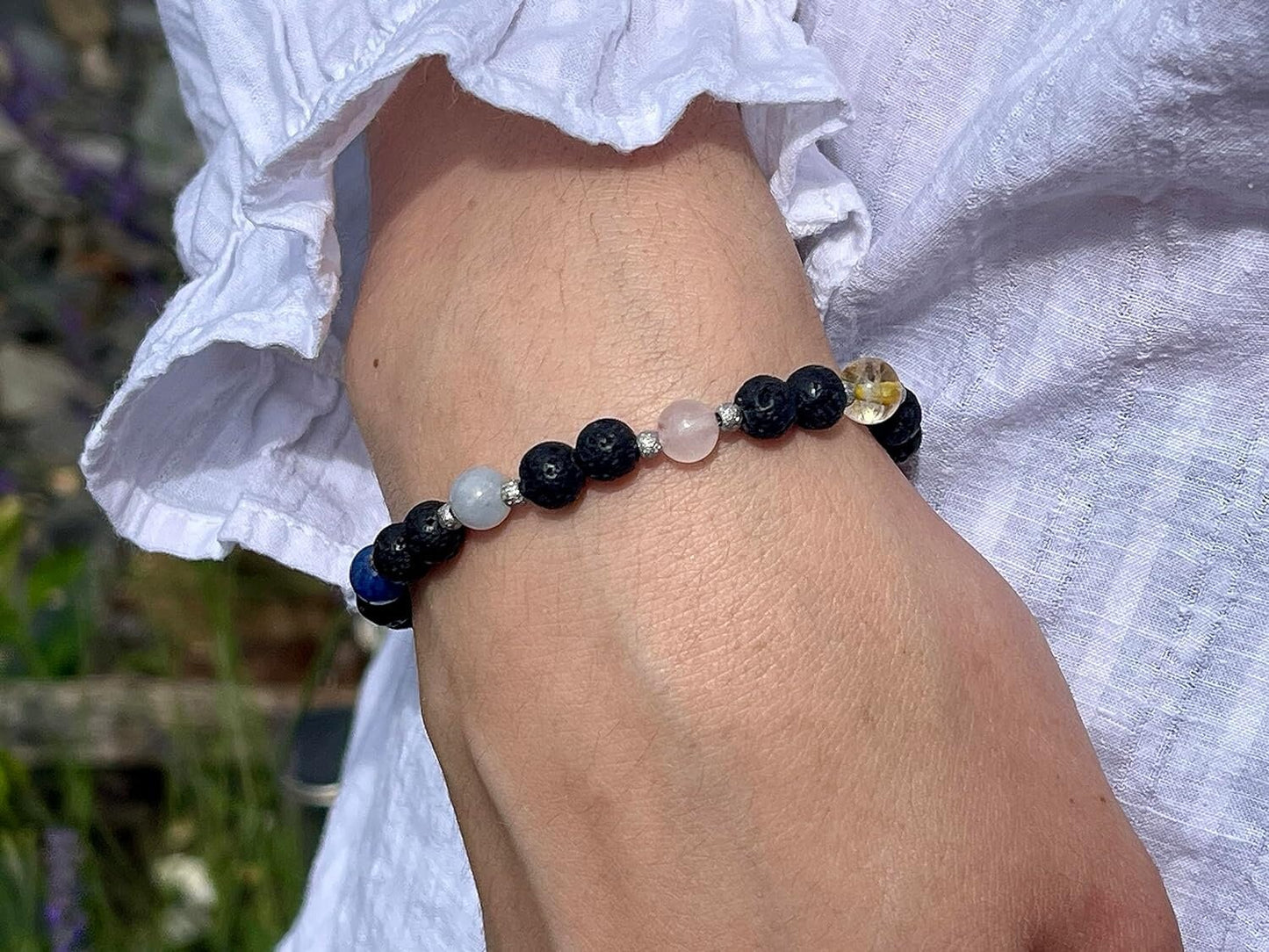 Armband Chakra Diffusor - Amethyst Dumortierit Aquamarin Rosenquarz Citrin Aventurin Jaspis Lava 6mm Edelstahl silber - Spiritueller Schmuck