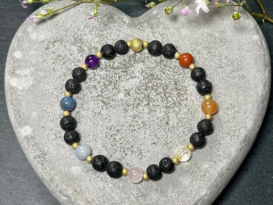 Armband Chakra Diffusor - Amethyst Dumortierit Aquamarin Rosenquarz Citrin Aventurin Jaspis Lava 6mm Edelstahl Gold - Spiritueller Schmuck