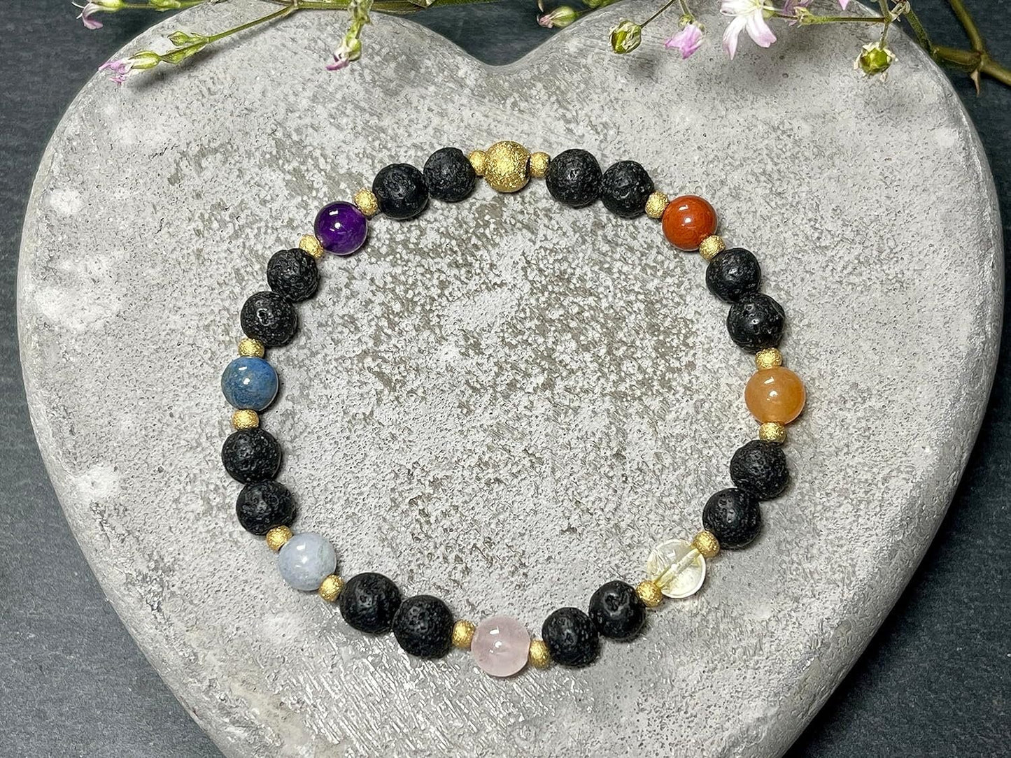 Armband Chakra Diffusor - Amethyst Dumortierit Aquamarin Rosenquarz Citrin Aventurin Jaspis Lava 6mm Edelstahl Gold - Spiritueller Schmuck